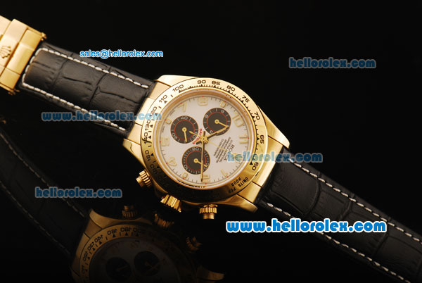 Rolex Daytona Chronograph Swiss Valjoux 7750 Automatic Movement Gold Case with White Dial and Black Leather Strap - Click Image to Close
